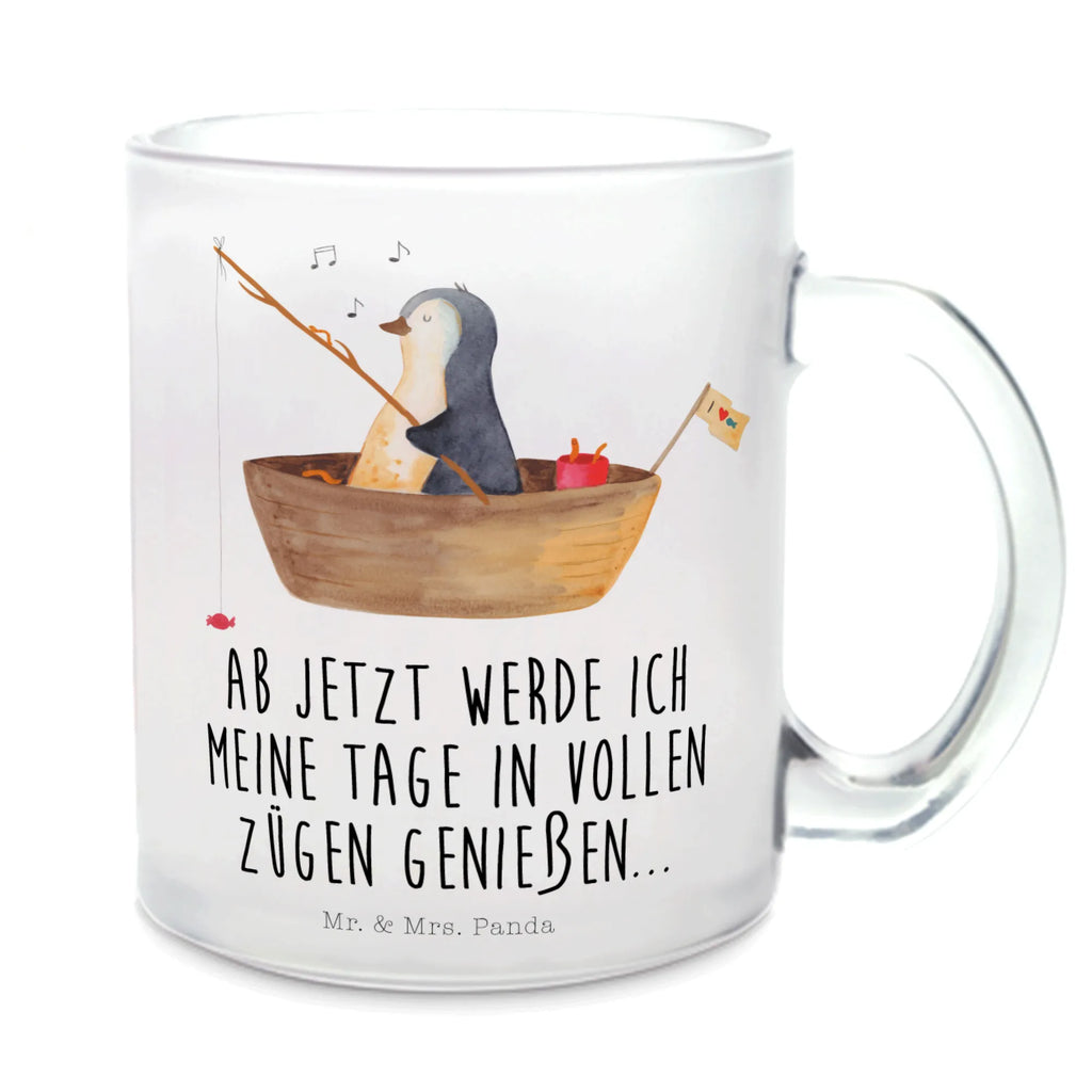 Teetasse Pinguin Angelboot Teetasse, Teeglas, Teebecher, Tasse mit Henkel, Tasse, Glas Teetasse, Teetasse aus Glas, Pinguin, Pinguine, Angeln, Boot, Angelboot, Lebenslust, Leben, genießen, Motivation, Neustart, Neuanfang, Trennung, Scheidung, Geschenkidee Liebeskummer