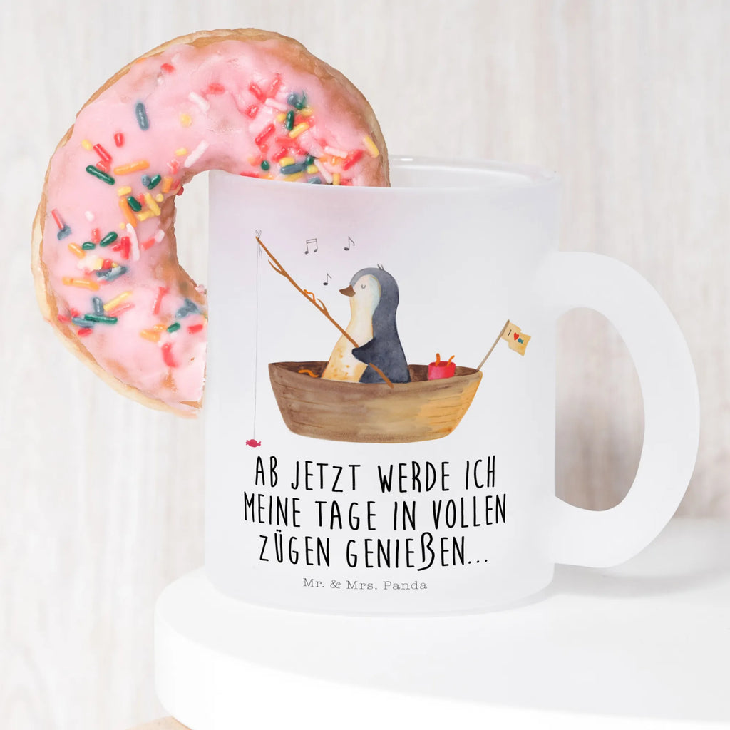 Teetasse Pinguin Angelboot Teetasse, Teeglas, Teebecher, Tasse mit Henkel, Tasse, Glas Teetasse, Teetasse aus Glas, Pinguin, Pinguine, Angeln, Boot, Angelboot, Lebenslust, Leben, genießen, Motivation, Neustart, Neuanfang, Trennung, Scheidung, Geschenkidee Liebeskummer