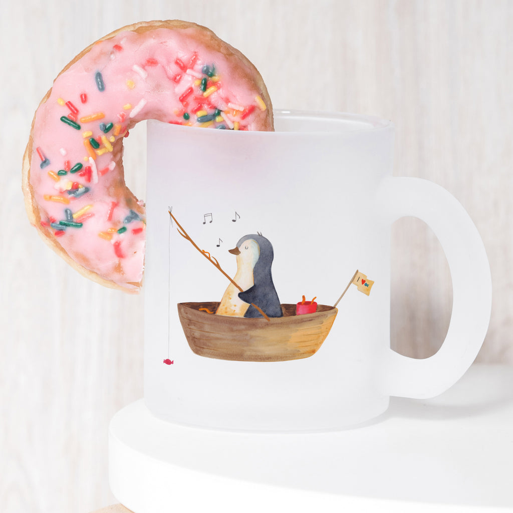 Teetasse Pinguin Angelboot Teetasse, Teeglas, Teebecher, Tasse mit Henkel, Tasse, Glas Teetasse, Teetasse aus Glas, Pinguin, Pinguine, Angeln, Boot, Angelboot, Lebenslust, Leben, genießen, Motivation, Neustart, Neuanfang, Trennung, Scheidung, Geschenkidee Liebeskummer