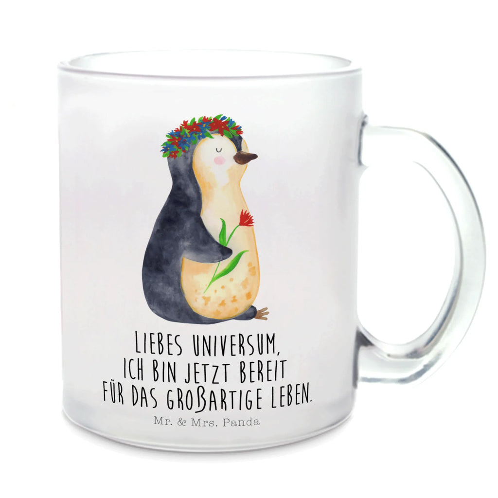 Teetasse Pinguin Blumenkranz Teetasse, Teeglas, Teebecher, Tasse mit Henkel, Tasse, Glas Teetasse, Teetasse aus Glas, Pinguin, Pinguine, Blumenkranz, Universum, Leben, Wünsche, Ziele, Lebensziele, Motivation, Lebenslust, Liebeskummer, Geschenkidee