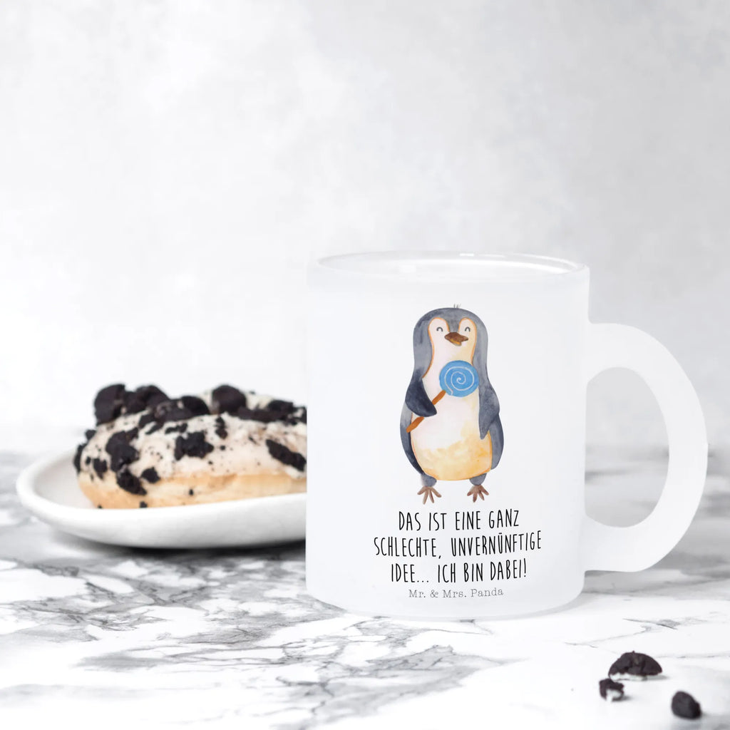 Teetasse Pinguin Lolli Teetasse, Teeglas, Teebecher, Tasse mit Henkel, Tasse, Glas Teetasse, Teetasse aus Glas, Pinguin, Pinguine, Lolli, Süßigkeiten, Blödsinn, Spruch, Rebell, Gauner, Ganove, Rabauke