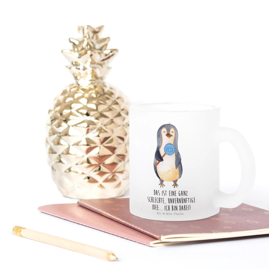 Teetasse Pinguin Lolli Teetasse, Teeglas, Teebecher, Tasse mit Henkel, Tasse, Glas Teetasse, Teetasse aus Glas, Pinguin, Pinguine, Lolli, Süßigkeiten, Blödsinn, Spruch, Rebell, Gauner, Ganove, Rabauke