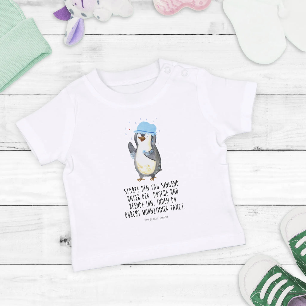 Organic Baby Shirt Pinguin Duschen Baby T-Shirt, Jungen Baby T-Shirt, Mädchen Baby T-Shirt, Shirt, Pinguin, Pinguine, Dusche, duschen, Lebensmotto, Motivation, Neustart, Neuanfang, glücklich sein