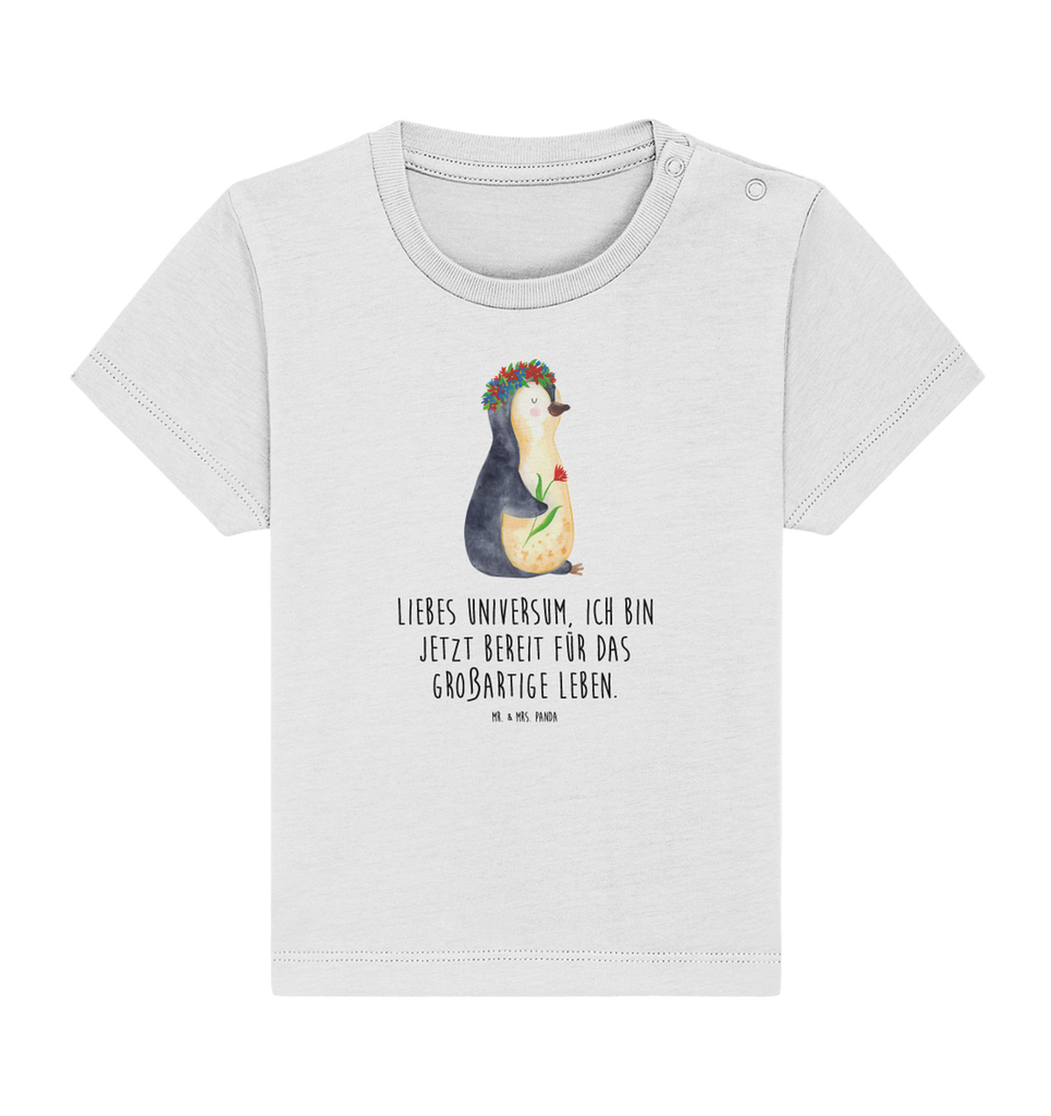 Organic Baby Shirt Pinguin Blumen Baby T-Shirt, Jungen Baby T-Shirt, Mädchen Baby T-Shirt, Shirt, Pinguin, Pinguine, Blumenkranz, Universum, Leben, Wünsche, Ziele, Lebensziele, Motivation, Lebenslust, Liebeskummer, Geschenkidee