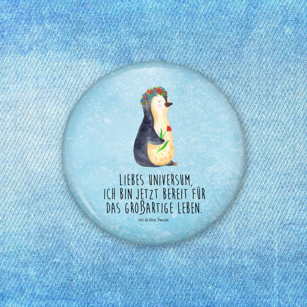 Button Pinguin Blumenkranz 50mm Button, Button, Pin, Anstecknadel, Pinguin, Pinguine, Blumenkranz, Universum, Leben, Wünsche, Ziele, Lebensziele, Motivation, Lebenslust, Liebeskummer, Geschenkidee