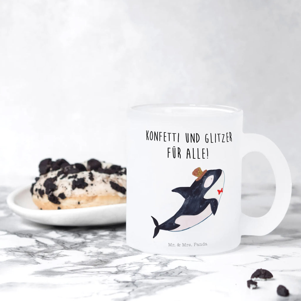 Teetasse Orca Zylinder Teetasse, Teeglas, Teebecher, Tasse mit Henkel, Tasse, Glas Teetasse, Teetasse aus Glas, Meerestiere, Meer, Urlaub, Narwal, Glitter, Konfetti, Glitzer, Geburtstag, Feier, Fete, Fest, Glückwunsch, Orca