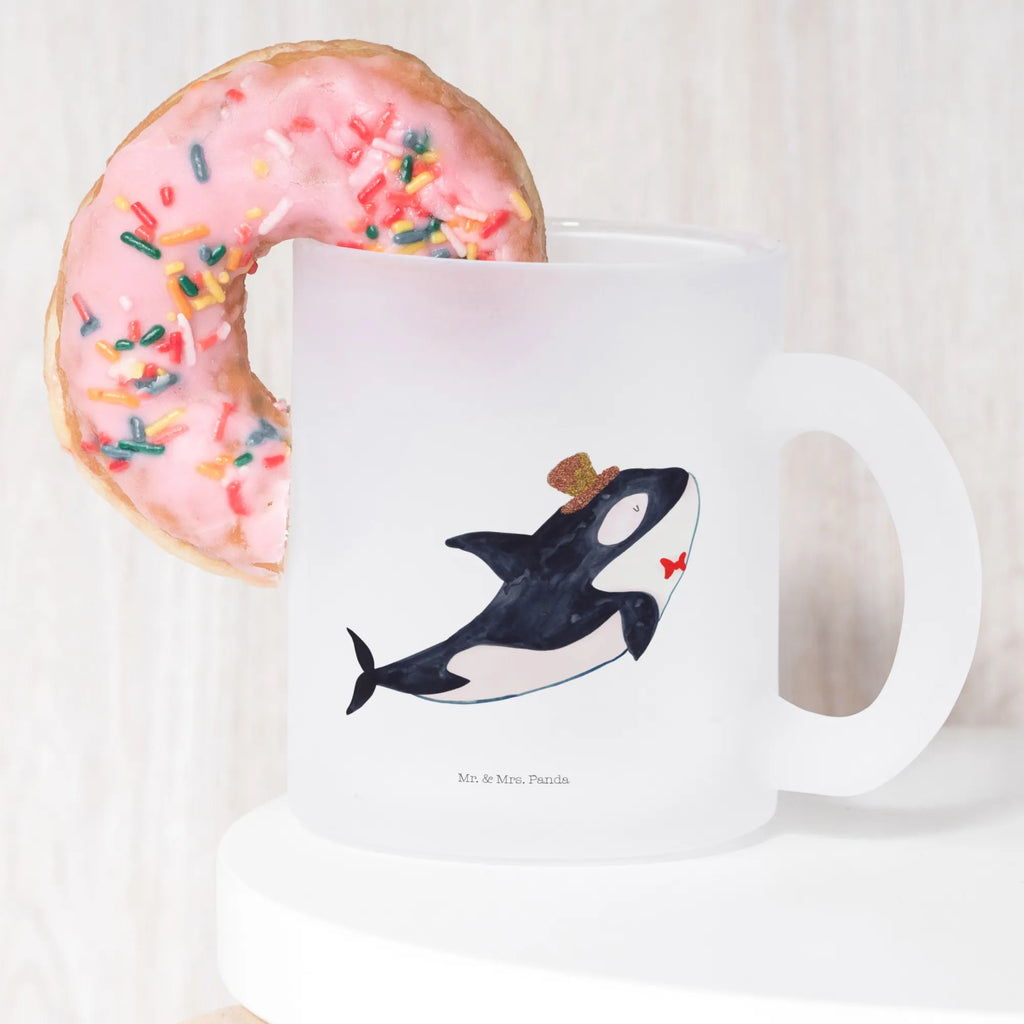 Teetasse Orca Zylinder Teetasse, Teeglas, Teebecher, Tasse mit Henkel, Tasse, Glas Teetasse, Teetasse aus Glas, Meerestiere, Meer, Urlaub, Narwal, Glitter, Konfetti, Glitzer, Geburtstag, Feier, Fete, Fest, Glückwunsch, Orca