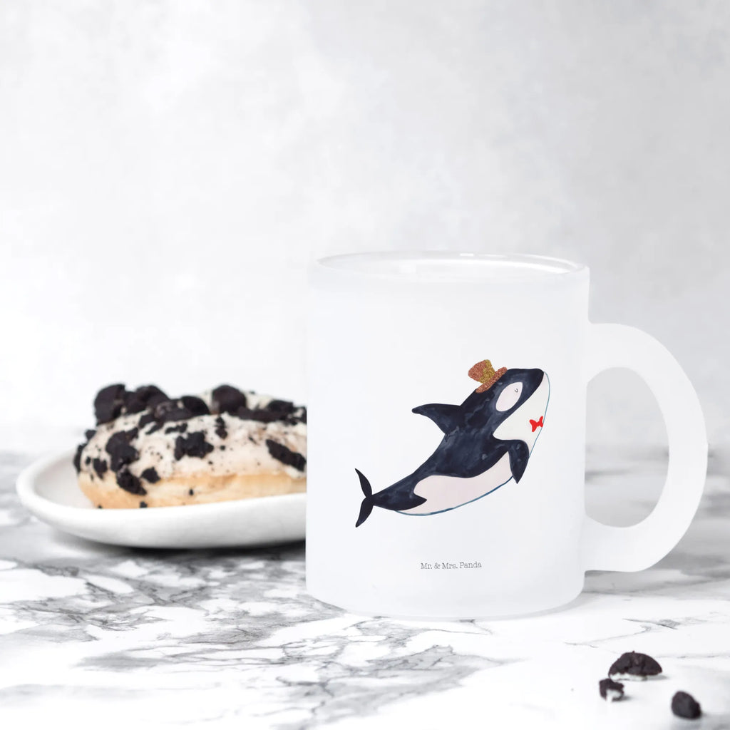 Teetasse Orca Zylinder Teetasse, Teeglas, Teebecher, Tasse mit Henkel, Tasse, Glas Teetasse, Teetasse aus Glas, Meerestiere, Meer, Urlaub, Narwal, Glitter, Konfetti, Glitzer, Geburtstag, Feier, Fete, Fest, Glückwunsch, Orca