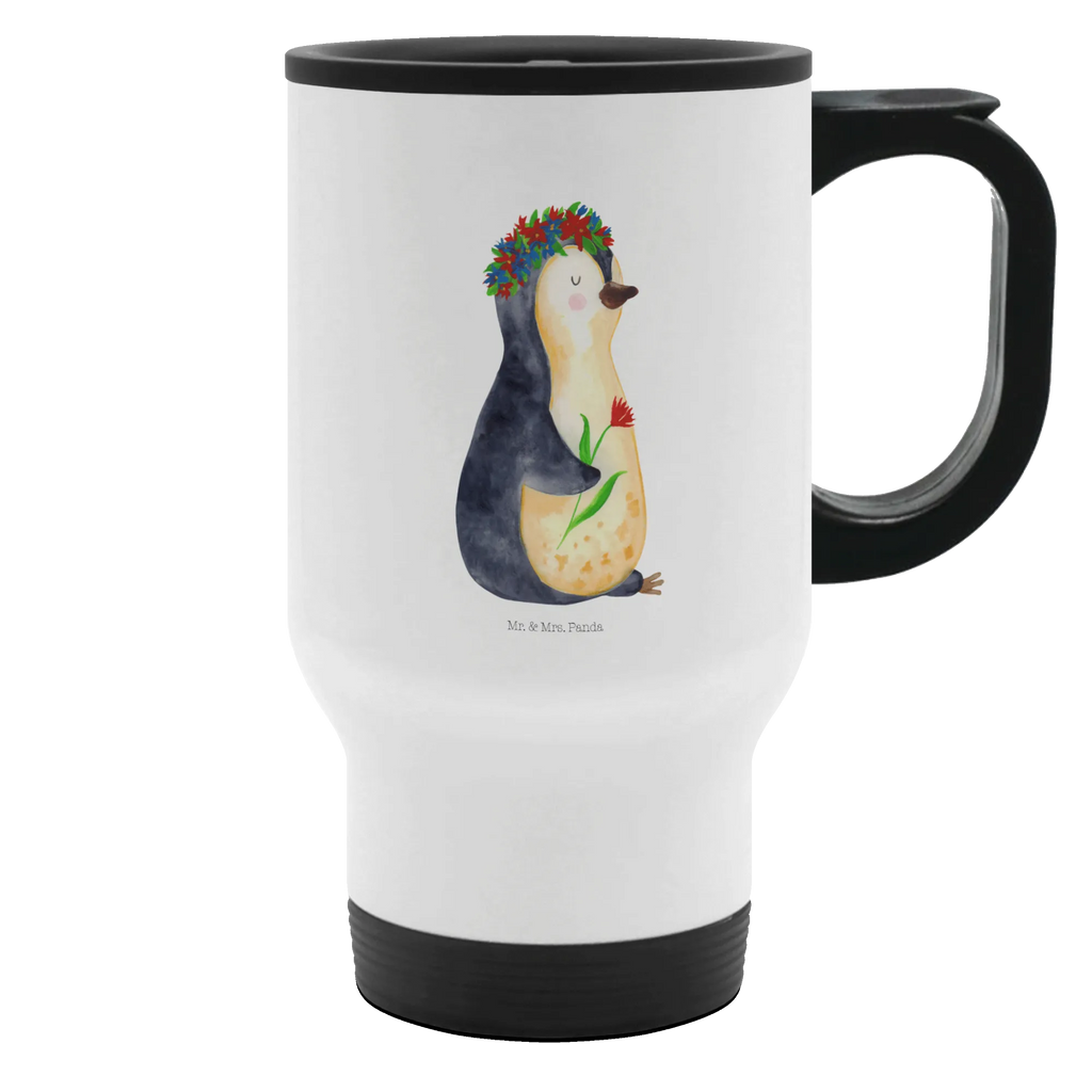 Thermobecher Pinguin Blumen Thermobecher, To Go Becher, Thermotasse, Kaffeebecher, Isolierbecher, Thermobecher To Go, Warmhaltetasse, Edelstahlbecher, Reisebecher, Tasse mit Deckel, Thermobecher für 400 ml, Kaffeetasse zum Mitnehmen, Tasse zum Mitnehmen, Spülmaschinenfest, Pinguin, Pinguine, Blumenkranz, Universum, Leben, Wünsche, Ziele, Lebensziele, Motivation, Lebenslust, Liebeskummer, Geschenkidee