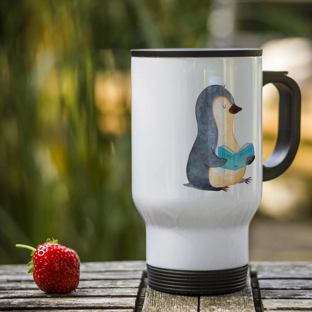 Thermobecher Pinguin Buch Thermobecher, To Go Becher, Thermotasse, Kaffeebecher, Isolierbecher, Thermobecher To Go, Warmhaltetasse, Edelstahlbecher, Reisebecher, Tasse mit Deckel, Thermobecher für 400 ml, Kaffeetasse zum Mitnehmen, Tasse zum Mitnehmen, Spülmaschinenfest, Pinguin, Pinguine, Buch, Lesen, Bücherwurm, Nichtstun, Faulenzen, Ferien, Urlaub, Freizeit