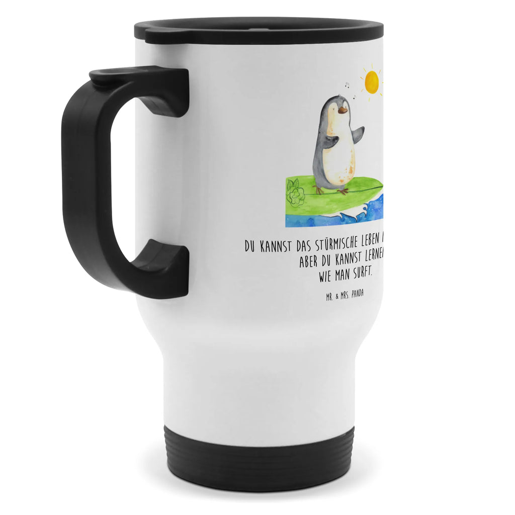 Thermobecher Pinguin Surfer Thermobecher, To Go Becher, Thermotasse, Kaffeebecher, Isolierbecher, Thermobecher To Go, Warmhaltetasse, Edelstahlbecher, Reisebecher, Tasse mit Deckel, Thermobecher für 400 ml, Kaffeetasse zum Mitnehmen, Tasse zum Mitnehmen, Spülmaschinenfest, Pinguin, Pinguine, surfen, Surfer, Hawaii, Urlaub, Wellen, Wellen reiten, Portugal