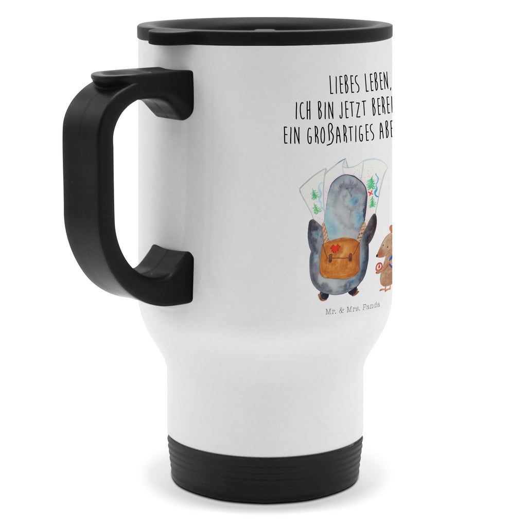 Thermobecher Pinguin & Maus Wanderer Thermobecher, To Go Becher, Thermotasse, Kaffeebecher, Isolierbecher, Thermobecher To Go, Warmhaltetasse, Edelstahlbecher, Reisebecher, Tasse mit Deckel, Thermobecher für 400 ml, Kaffeetasse zum Mitnehmen, Tasse zum Mitnehmen, Spülmaschinenfest, Pinguin, Pinguine, Abenteurer, Abenteuer, Roadtrip, Ausflug, Wanderlust, wandern