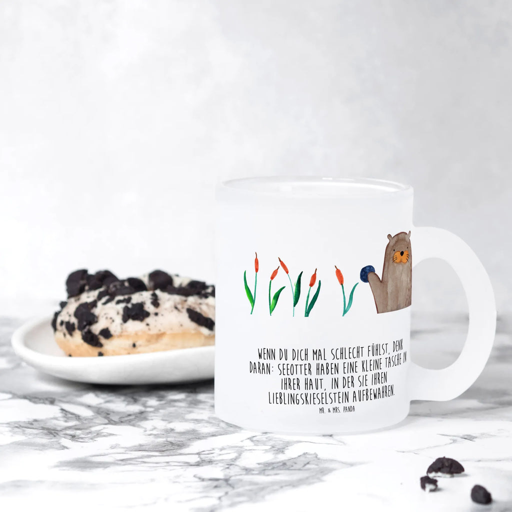 Teetasse Otter mit Stein Teetasse, Teeglas, Teebecher, Tasse mit Henkel, Tasse, Glas Teetasse, Teetasse aus Glas, Otter, Fischotter, Seeotter, Otter Seeotter See Otter