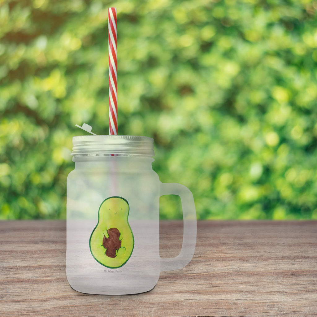 Trinkglas Mason Jar Avocado mit Kern Mason Jar, Glas, Trinkglas, Henkelglas, Sommerglas, Einmachglas, Cocktailglas, Cocktail-Glas, Mason Jar Trinkglas, Satiniertes Glas, Retro-Glas, Strohhalm Glas, Schraubdeckel Glas, Sommerparty Einrichtung, Avocado, Veggie, Vegan, Gesund, Avokado, Avocadokern, Kern, Pflanze, Spruch Leben