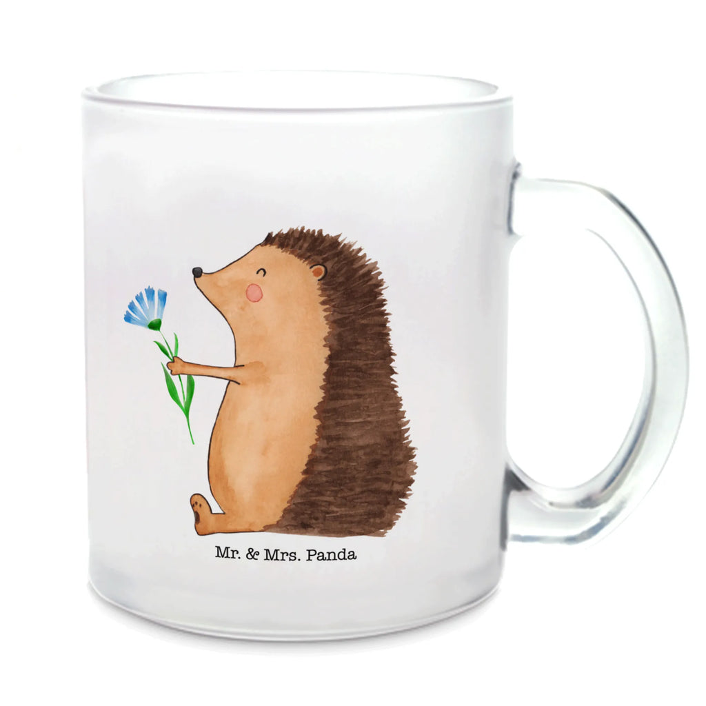 Teetasse Igel mit Blume Teetasse, Teeglas, Teebecher, Tasse mit Henkel, Tasse, Glas Teetasse, Teetasse aus Glas, Tiermotive, Gute Laune, lustige Sprüche, Tiere, Igel, Gute Besserung, Genesungswünsche, Krankheit, Krankenhaus, krank, Besuch