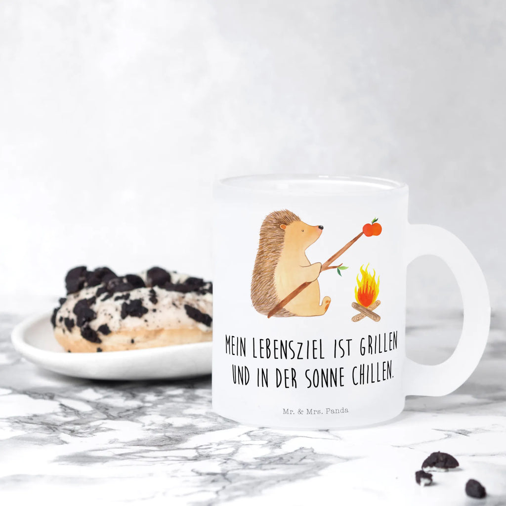 Teetasse Igel grillt Teetasse, Teeglas, Teebecher, Tasse mit Henkel, Tasse, Glas Teetasse, Teetasse aus Glas, Tiermotive, Gute Laune, lustige Sprüche, Tiere, Igel, Grillen, Ziele, Motivation, arbeitslos, Sinn des Lebens, Spruch