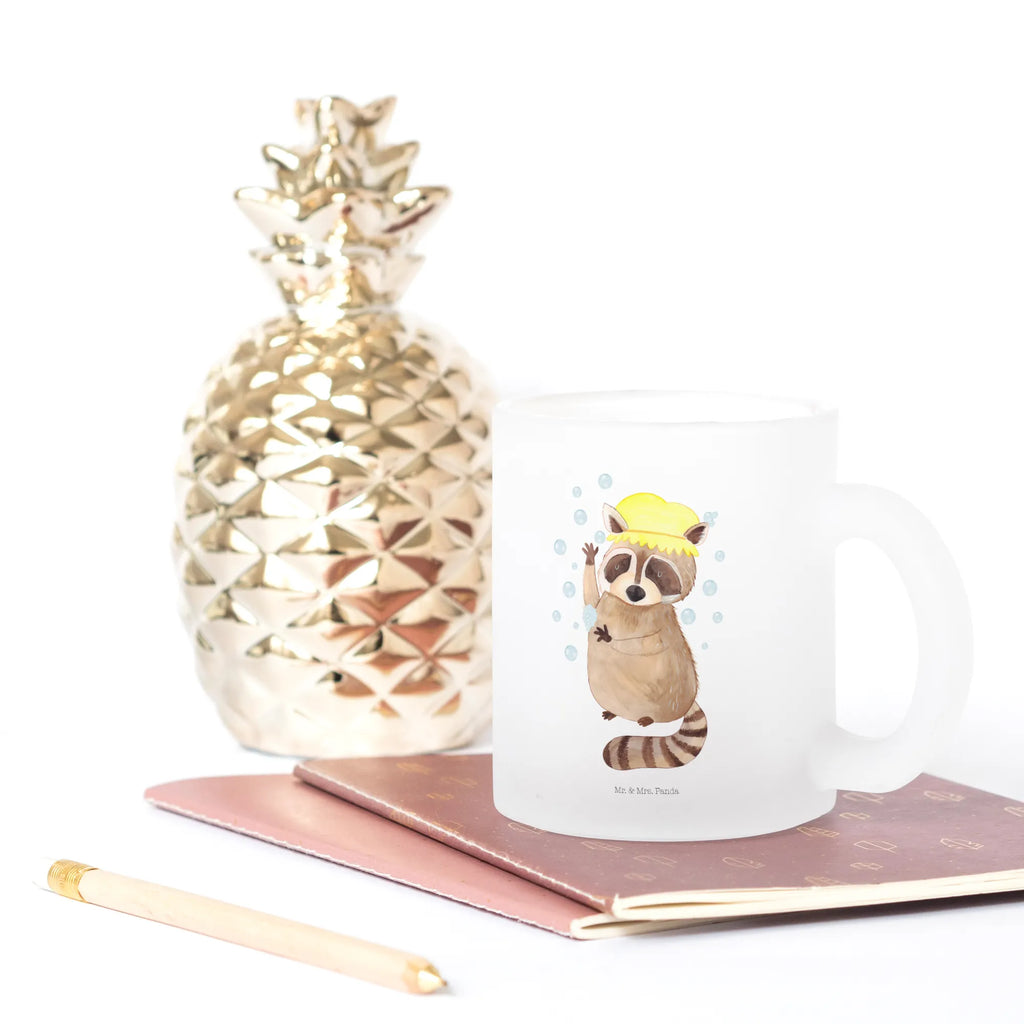 Teetasse Waschbär Teetasse, Teeglas, Teebecher, Tasse mit Henkel, Tasse, Glas Teetasse, Teetasse aus Glas, Tiermotive, Gute Laune, lustige Sprüche, Tiere, Waschbär, Tagträumen, Plan, Fröhlich, waschen, Seifenblasen