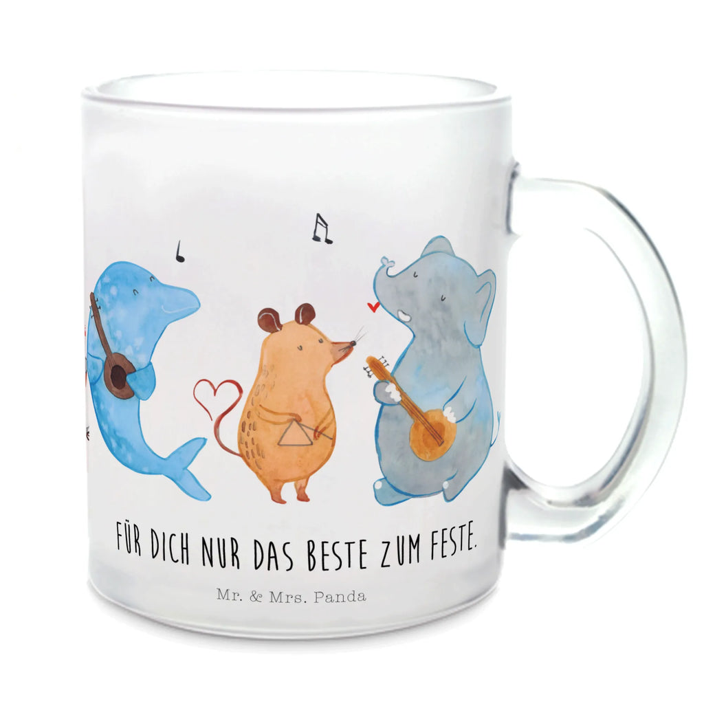 Teetasse Big Band Teetasse, Teeglas, Teebecher, Tasse mit Henkel, Tasse, Glas Teetasse, Teetasse aus Glas, Tiermotive, Gute Laune, lustige Sprüche, Tiere, Hund, Pinguin, Maus, Elefant, Delfin, Gitarre, Band, Triangel, Musikanten, Musik