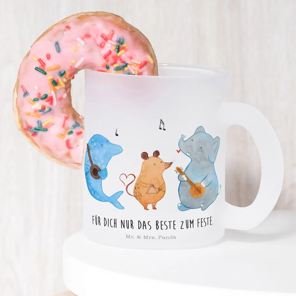 Teetasse Big Band Teetasse, Teeglas, Teebecher, Tasse mit Henkel, Tasse, Glas Teetasse, Teetasse aus Glas, Tiermotive, Gute Laune, lustige Sprüche, Tiere, Hund, Pinguin, Maus, Elefant, Delfin, Gitarre, Band, Triangel, Musikanten, Musik