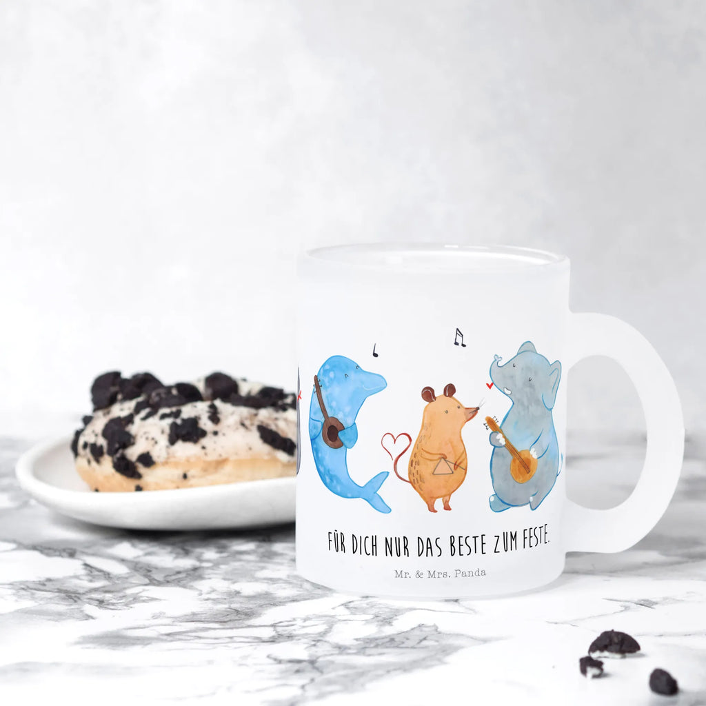 Teetasse Big Band Teetasse, Teeglas, Teebecher, Tasse mit Henkel, Tasse, Glas Teetasse, Teetasse aus Glas, Tiermotive, Gute Laune, lustige Sprüche, Tiere, Hund, Pinguin, Maus, Elefant, Delfin, Gitarre, Band, Triangel, Musikanten, Musik