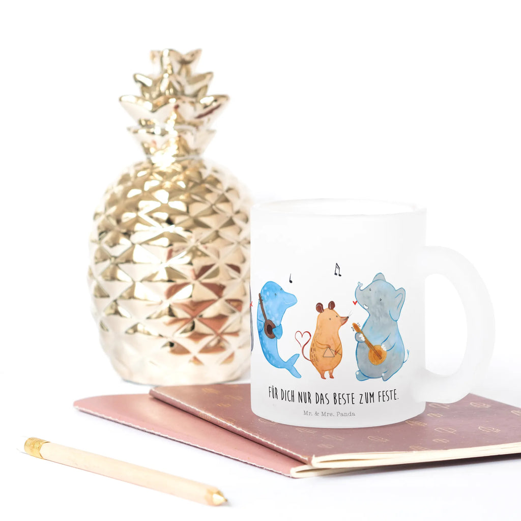 Teetasse Big Band Teetasse, Teeglas, Teebecher, Tasse mit Henkel, Tasse, Glas Teetasse, Teetasse aus Glas, Tiermotive, Gute Laune, lustige Sprüche, Tiere, Hund, Pinguin, Maus, Elefant, Delfin, Gitarre, Band, Triangel, Musikanten, Musik