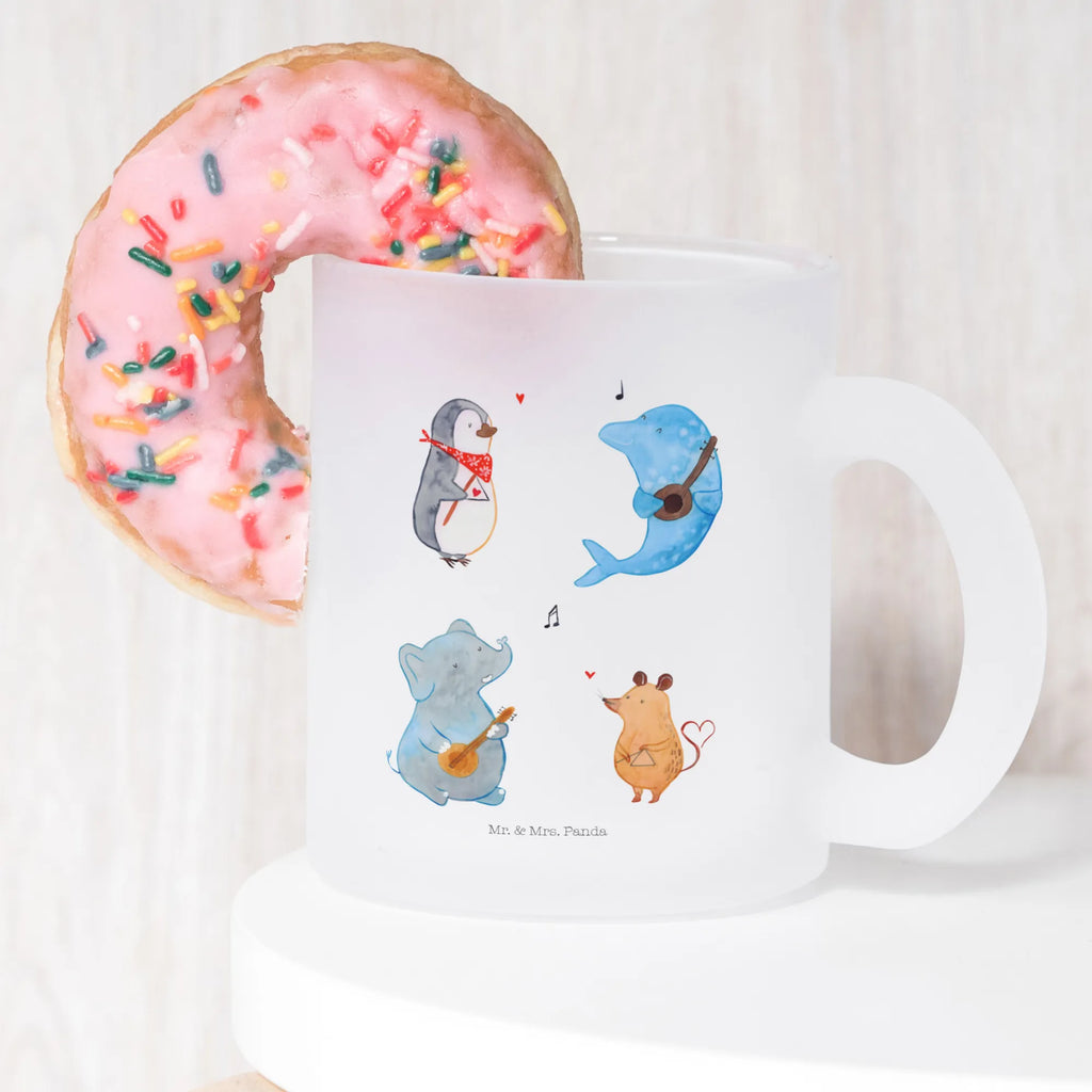 Teetasse Big Band Teetasse, Teeglas, Teebecher, Tasse mit Henkel, Tasse, Glas Teetasse, Teetasse aus Glas, Tiermotive, Gute Laune, lustige Sprüche, Tiere, Hund, Pinguin, Maus, Elefant, Delfin, Gitarre, Band, Triangel, Musikanten, Musik