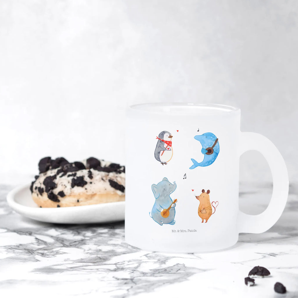 Teetasse Big Band Teetasse, Teeglas, Teebecher, Tasse mit Henkel, Tasse, Glas Teetasse, Teetasse aus Glas, Tiermotive, Gute Laune, lustige Sprüche, Tiere, Hund, Pinguin, Maus, Elefant, Delfin, Gitarre, Band, Triangel, Musikanten, Musik