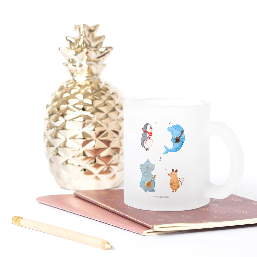 Teetasse Big Band Teetasse, Teeglas, Teebecher, Tasse mit Henkel, Tasse, Glas Teetasse, Teetasse aus Glas, Tiermotive, Gute Laune, lustige Sprüche, Tiere, Hund, Pinguin, Maus, Elefant, Delfin, Gitarre, Band, Triangel, Musikanten, Musik