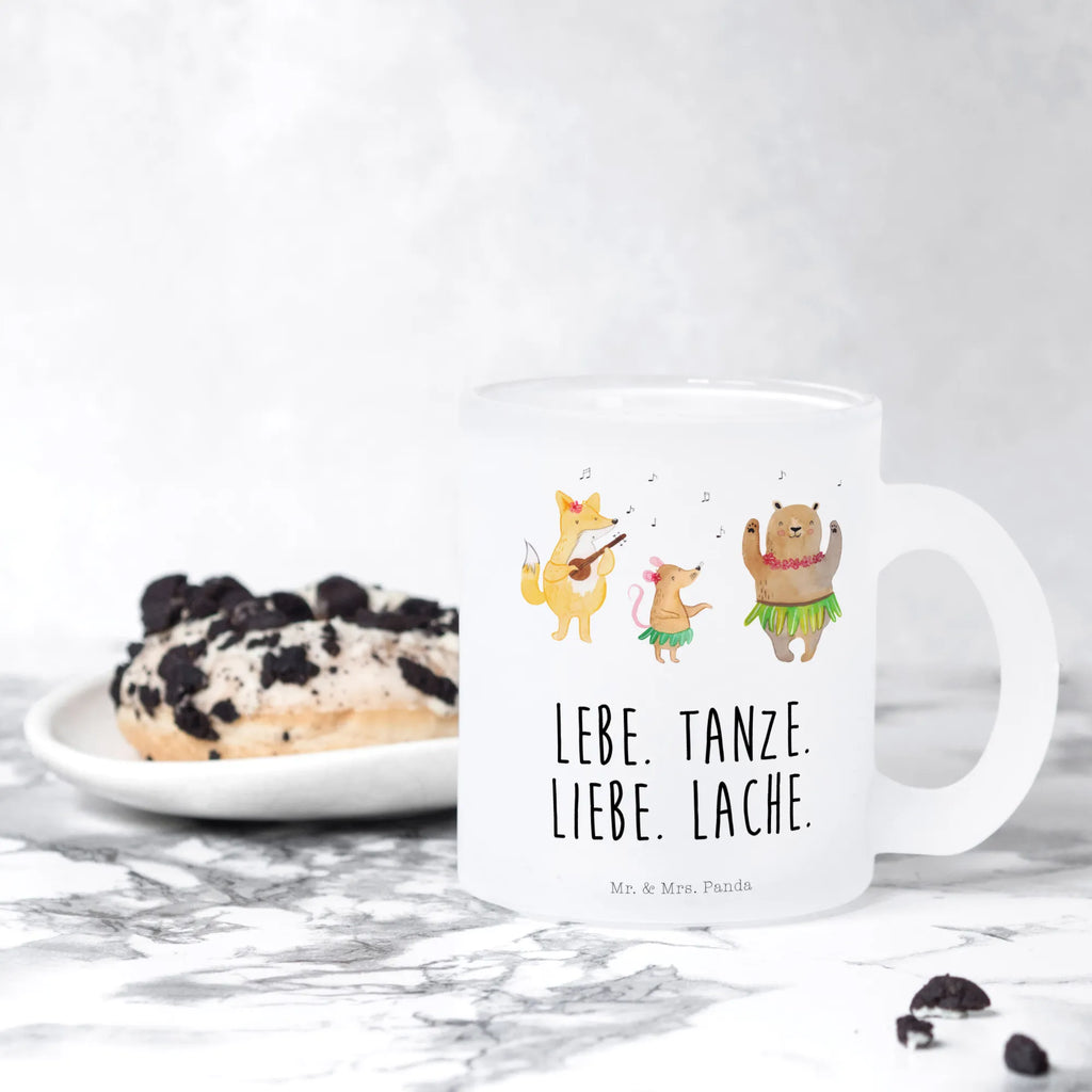 Teetasse Waldtiere Aloha Teetasse, Teeglas, Teebecher, Tasse mit Henkel, Tasse, Glas Teetasse, Teetasse aus Glas, Tiermotive, Gute Laune, lustige Sprüche, Tiere, Wald, Waldtiere, Musik, Aloha, Bär, Hase, Igel, Tanzen, Leben, Lachen