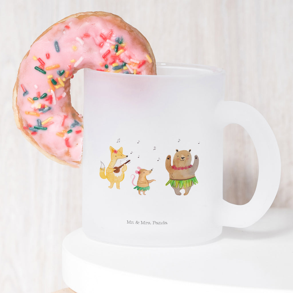 Teetasse Waldtiere Aloha Teetasse, Teeglas, Teebecher, Tasse mit Henkel, Tasse, Glas Teetasse, Teetasse aus Glas, Tiermotive, Gute Laune, lustige Sprüche, Tiere, Wald, Waldtiere, Musik, Aloha, Bär, Hase, Igel, Tanzen, Leben, Lachen