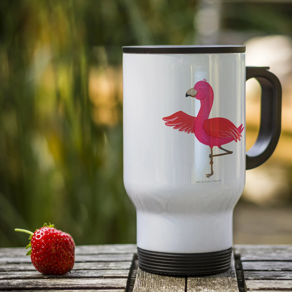 Thermobecher Flamingo Yoga Thermobecher, To Go Becher, Thermotasse, Kaffeebecher, Isolierbecher, Thermobecher To Go, Warmhaltetasse, Edelstahlbecher, Reisebecher, Tasse mit Deckel, Thermobecher für 400 ml, Kaffeetasse zum Mitnehmen, Tasse zum Mitnehmen, Spülmaschinenfest, Flamingo, Vogel, Yoga, Namaste, Achtsamkeit, Yoga-Übung, Entspannung, Ärger, Aufregen, Tiefenentspannung