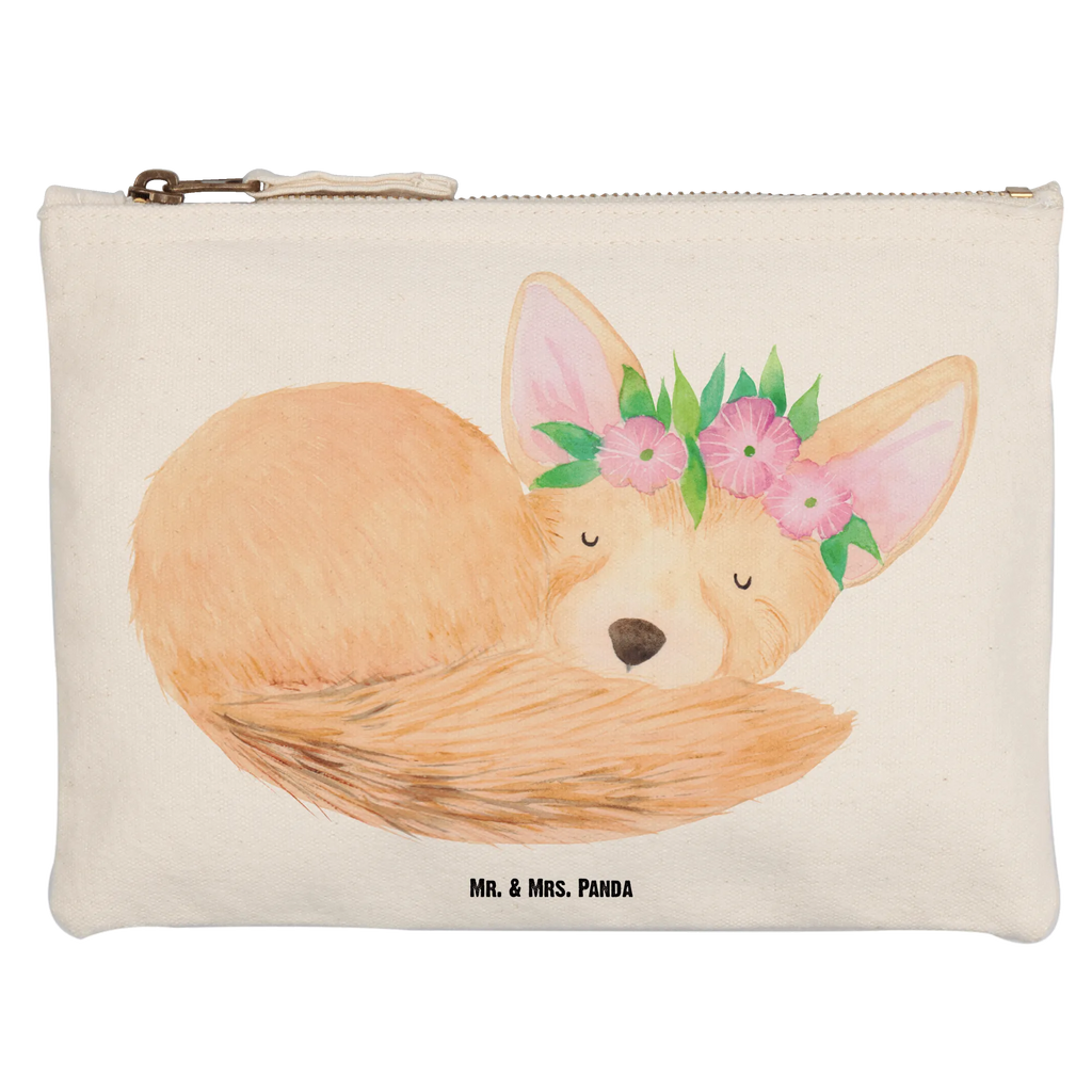 Schminktasche Wüstenfuchs Blumenkranz Schminktasche, Kosmetiktasche, Kosmetikbeutel, Stiftemäppchen, Etui, Federmappe, Makeup, XXL, Schminketui, Kosmetiketui, Schlamperetui, Afrika, Wildtiere, Wüste, Wüstenfuchs, Blumen, Blumenkranz, Glücklich