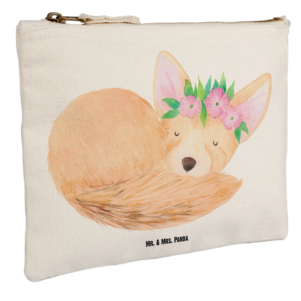 Schminktasche Wüstenfuchs Blumenkranz Schminktasche, Kosmetiktasche, Kosmetikbeutel, Stiftemäppchen, Etui, Federmappe, Makeup, XXL, Schminketui, Kosmetiketui, Schlamperetui, Afrika, Wildtiere, Wüste, Wüstenfuchs, Blumen, Blumenkranz, Glücklich