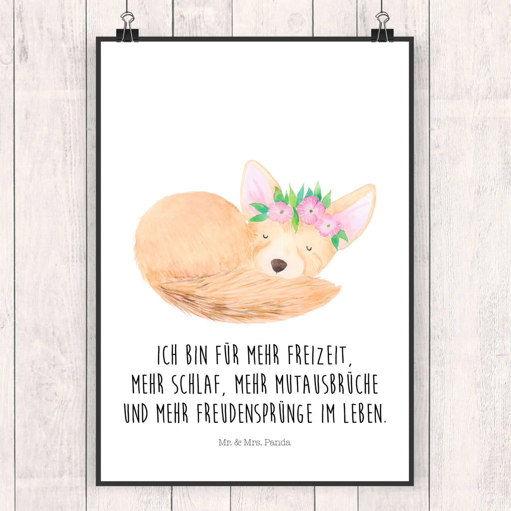 Poster Wüstenfuchs Blumenkranz Poster, Wandposter, Bild, Wanddeko, Küchenposter, Kinderposter, Wanddeko Bild, Raumdekoration, Wanddekoration, Handgemaltes Poster, Mr. & Mrs. Panda Poster, Designposter, Kunstdruck, Posterdruck, Afrika, Wildtiere, Wüste, Wüstenfuchs, Blumen, Blumenkranz, Glücklich