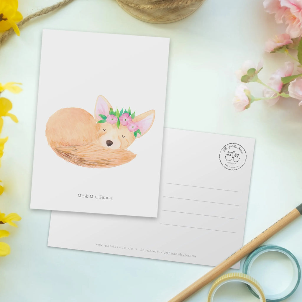 Postkarte Wüstenfuchs Blumen Postkarte, Karte, Geschenkkarte, Grußkarte, Einladung, Ansichtskarte, Geburtstagskarte, Einladungskarte, Dankeskarte, Ansichtskarten, Einladung Geburtstag, Einladungskarten Geburtstag, Afrika, Wildtiere, Wüste, Wüstenfuchs, Blumen, Blumenkranz, Glücklich