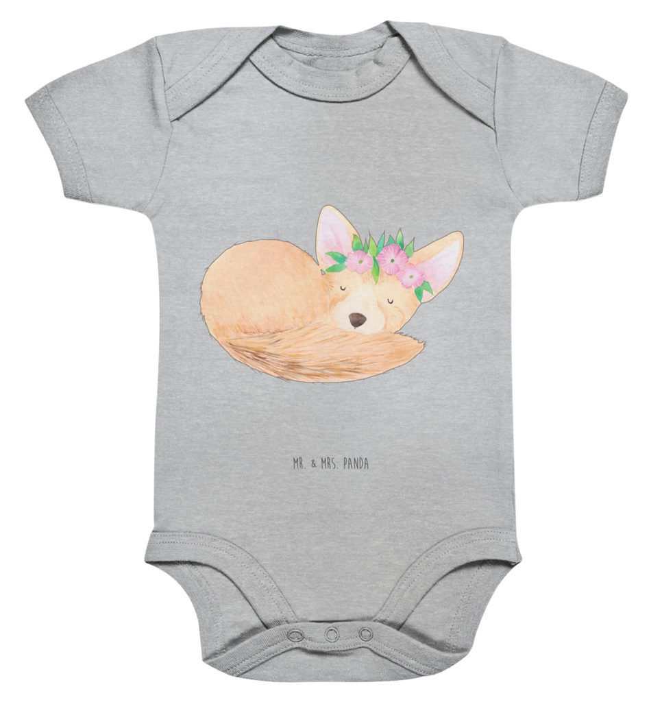 Organic Baby Body Wüstenfuchs Blumen Babykleidung, Babystrampler, Strampler, Wickelbody, Baby Erstausstattung, Junge, Mädchen, Afrika, Wildtiere, Wüste, Wüstenfuchs, Blumen, Blumenkranz, Glücklich