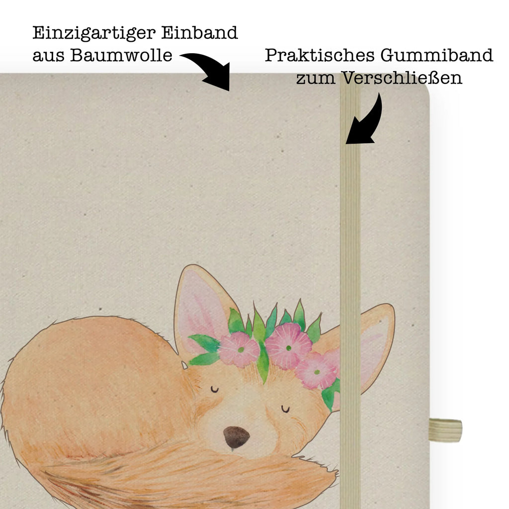 Baumwoll Notizbuch Wüstenfuchs Blumenkranz Notizen, Eintragebuch, Tagebuch, Notizblock, Adressbuch, Journal, Kladde, Skizzenbuch, Notizheft, Schreibbuch, Schreibheft, Afrika, Wildtiere, Wüste, Wüstenfuchs, Blumen, Blumenkranz, Glücklich