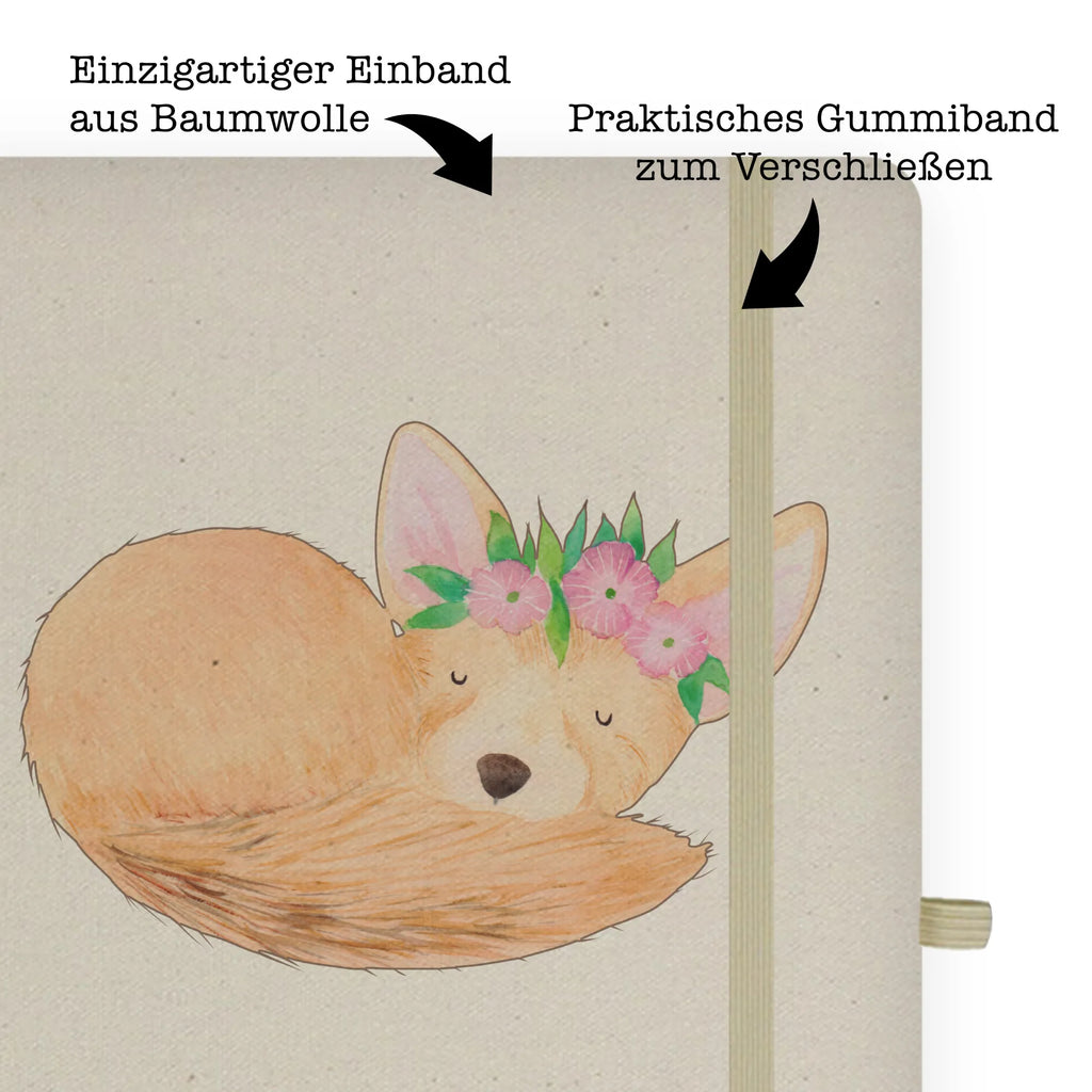 Baumwoll Notizbuch Wüstenfuchs Blumenkranz Notizen, Eintragebuch, Tagebuch, Notizblock, Adressbuch, Journal, Kladde, Skizzenbuch, Notizheft, Schreibbuch, Schreibheft, Afrika, Wildtiere, Wüste, Wüstenfuchs, Blumen, Blumenkranz, Glücklich