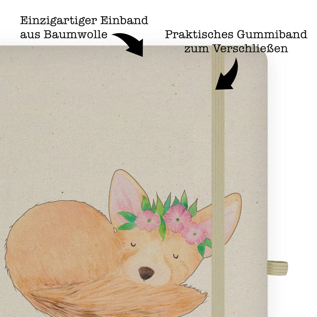 Baumwoll Notizbuch Wüstenfuchs Blumenkranz Notizen, Eintragebuch, Tagebuch, Notizblock, Adressbuch, Journal, Kladde, Skizzenbuch, Notizheft, Schreibbuch, Schreibheft, Afrika, Wildtiere, Wüste, Wüstenfuchs, Blumen, Blumenkranz, Glücklich