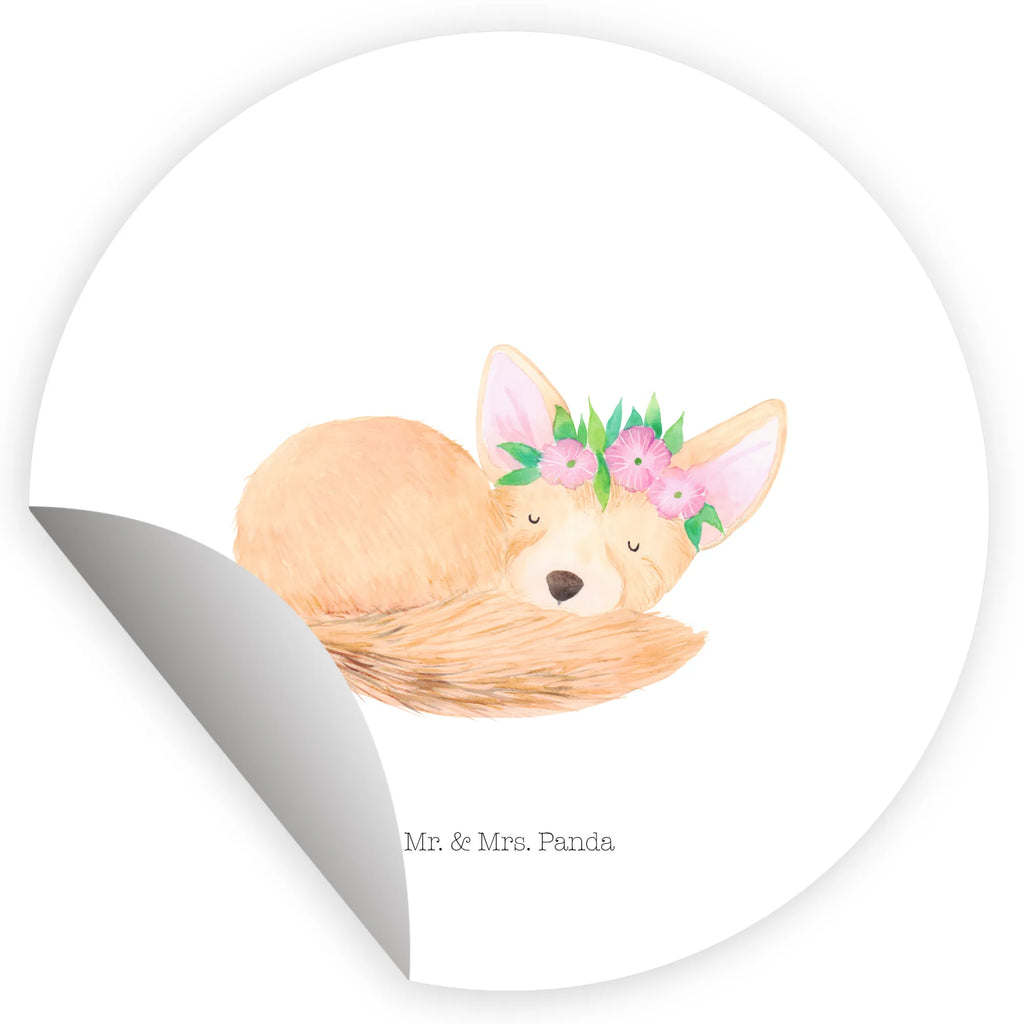 Rund Aufkleber Wüstenfuchs Blumenkranz Sticker, Aufkleber, Etikett, Kinder, rund, Afrika, Wildtiere, Wüste, Wüstenfuchs, Blumen, Blumenkranz, Glücklich