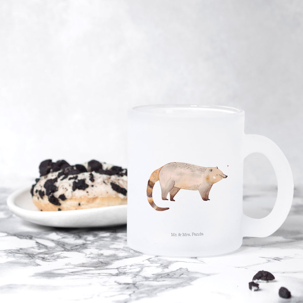 Teetasse Nasenbär Teetasse, Teeglas, Teebecher, Tasse mit Henkel, Tasse, Glas Teetasse, Teetasse aus Glas, Tiermotive, Gute Laune, lustige Sprüche, Tiere, Nasenbär, Nasenbären, Rüsselbär, Bär