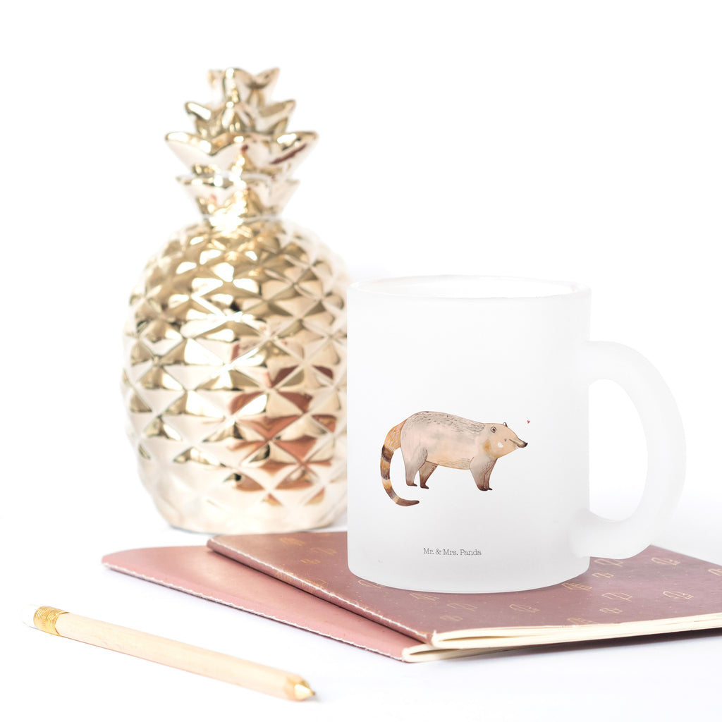 Teetasse Nasenbär Teetasse, Teeglas, Teebecher, Tasse mit Henkel, Tasse, Glas Teetasse, Teetasse aus Glas, Tiermotive, Gute Laune, lustige Sprüche, Tiere, Nasenbär, Nasenbären, Rüsselbär, Bär