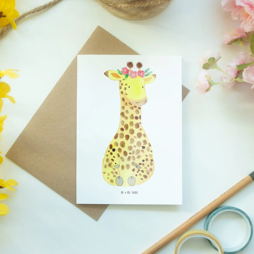 Grußkarte Giraffe Blumenkranz Grußkarte, Klappkarte, Einladungskarte, Glückwunschkarte, Hochzeitskarte, Geburtstagskarte, Karte, Ansichtskarten, Afrika, Wildtiere, Giraffe, Blumenkranz, Abenteurer, Selbstliebe, Freundin