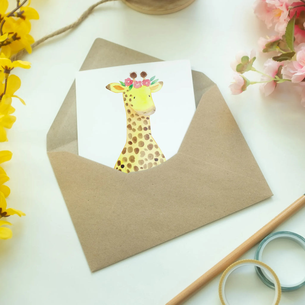 Grußkarte Giraffe Blumenkranz Grußkarte, Klappkarte, Einladungskarte, Glückwunschkarte, Hochzeitskarte, Geburtstagskarte, Karte, Ansichtskarten, Afrika, Wildtiere, Giraffe, Blumenkranz, Abenteurer, Selbstliebe, Freundin