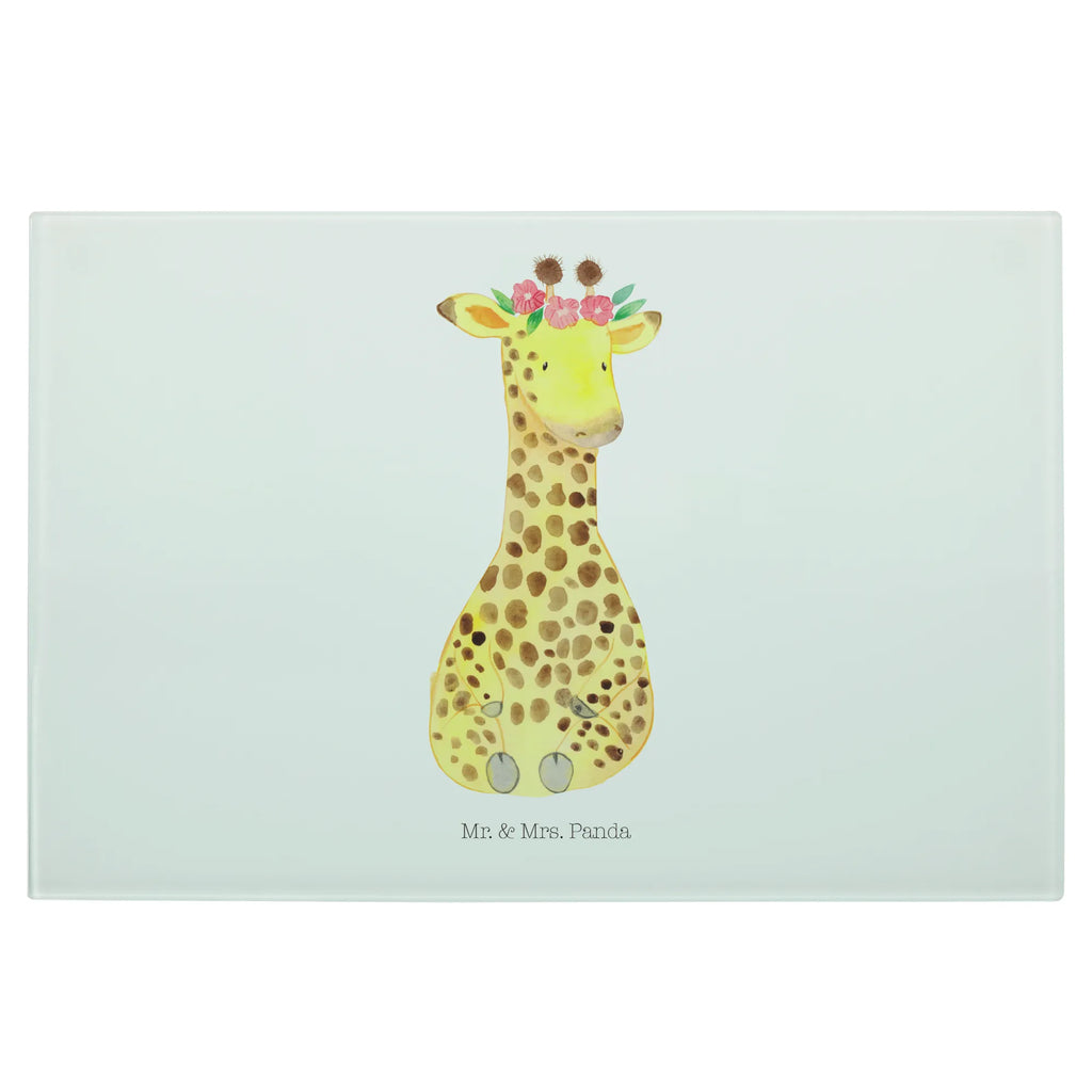 Glasschneidebrett Giraffe Blumenkranz Glasschneidebrett, Schneidebrett, Frühstücksbrett, Küche, Afrika, Wildtiere, Giraffe, Blumenkranz, Abenteurer, Selbstliebe, Freundin