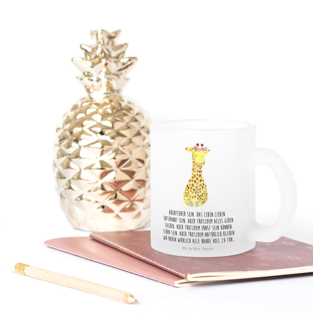 Teetasse Giraffe Blumenkranz Teetasse, Teeglas, Teebecher, Tasse mit Henkel, Tasse, Glas Teetasse, Teetasse aus Glas, Afrika, Wildtiere, Giraffe, Blumenkranz, Abenteurer, Selbstliebe, Freundin