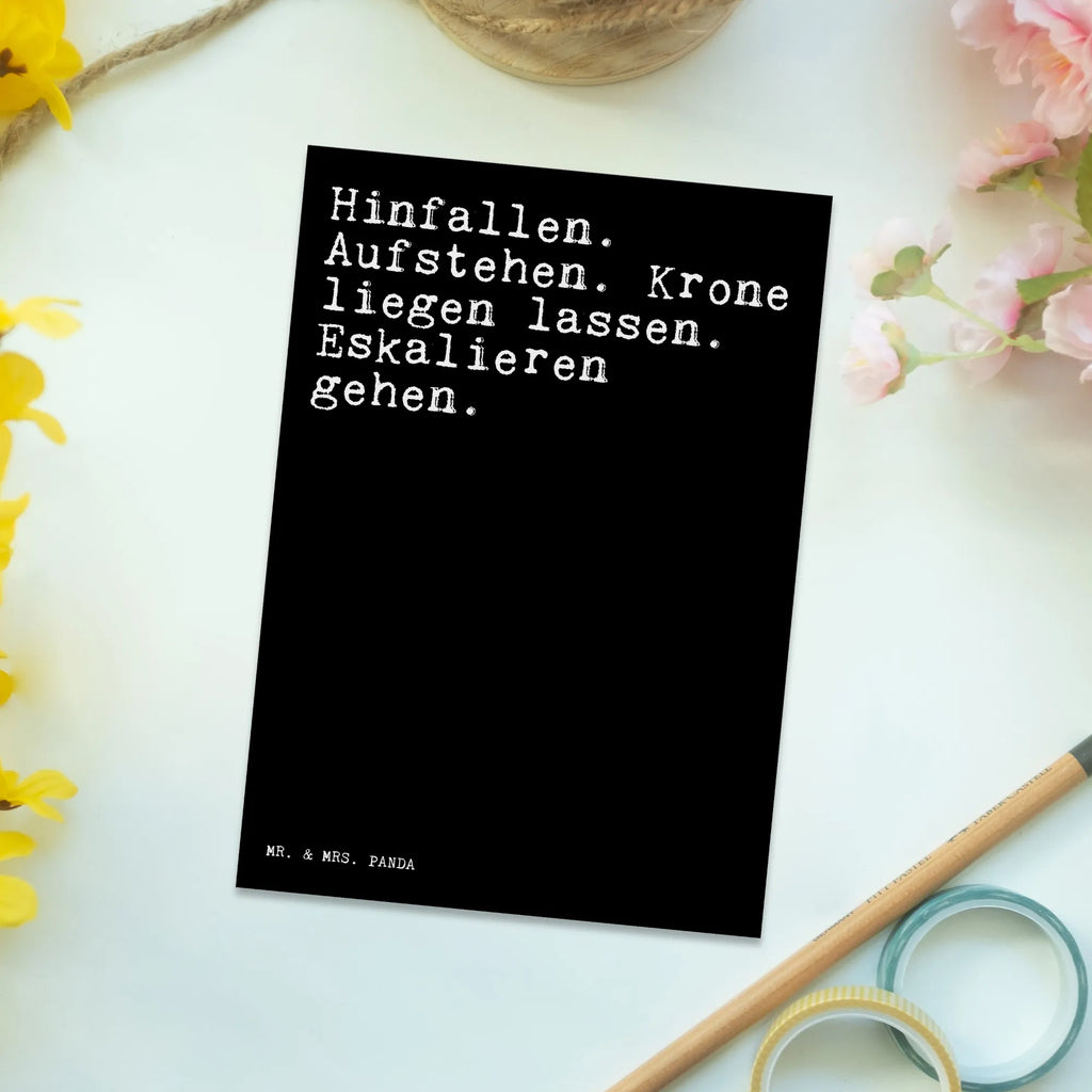 Postkarte Sprüche und Zitate Hinfallen. Aufstehen. Krone liegen lassen. Eskalieren gehen. Postkarte, Karte, Geschenkkarte, Grußkarte, Einladung, Ansichtskarte, Geburtstagskarte, Einladungskarte, Dankeskarte, Ansichtskarten, Einladung Geburtstag, Einladungskarten Geburtstag, Spruch, Sprüche, lustige Sprüche, Weisheiten, Zitate, Spruch Geschenke, Spruch Sprüche Weisheiten Zitate Lustig Weisheit Worte