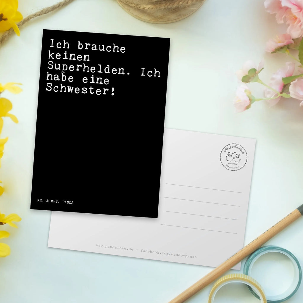 Postkarte Sprüche und Zitate Ich brauche keinen Superhelden. Ich habe eine Schwester! Postkarte, Karte, Geschenkkarte, Grußkarte, Einladung, Ansichtskarte, Geburtstagskarte, Einladungskarte, Dankeskarte, Ansichtskarten, Einladung Geburtstag, Einladungskarten Geburtstag, Spruch, Sprüche, lustige Sprüche, Weisheiten, Zitate, Spruch Geschenke, Spruch Sprüche Weisheiten Zitate Lustig Weisheit Worte