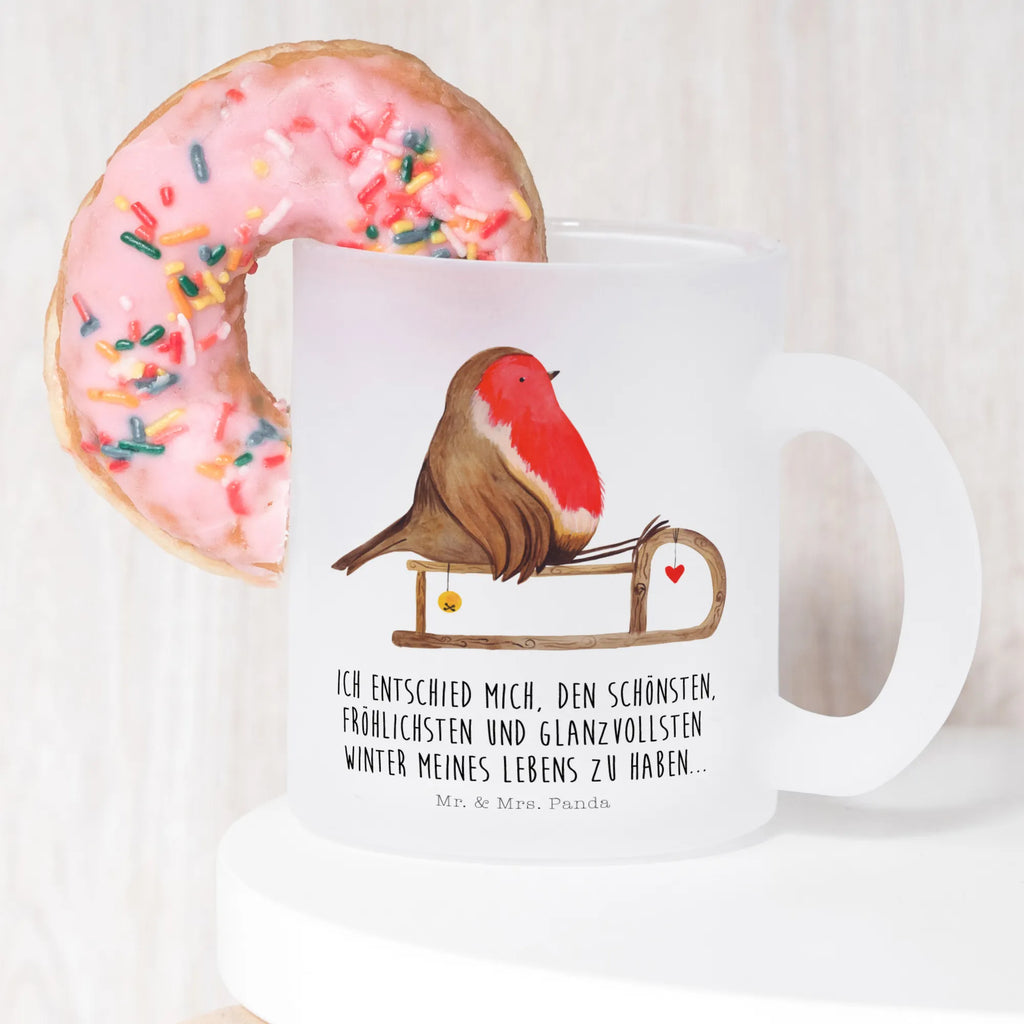 Teetasse Rotkehlchen Schlitten Teetasse, Teeglas, Teebecher, Tasse mit Henkel, Tasse, Glas Teetasse, Teetasse aus Glas, Winter, Weihnachten, Weihnachtsdeko, Nikolaus, Advent, Heiligabend, Wintermotiv, Schlitten, Vogel