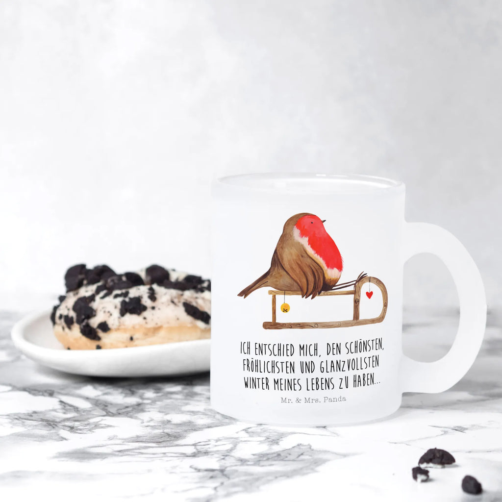 Teetasse Rotkehlchen Schlitten Teetasse, Teeglas, Teebecher, Tasse mit Henkel, Tasse, Glas Teetasse, Teetasse aus Glas, Winter, Weihnachten, Weihnachtsdeko, Nikolaus, Advent, Heiligabend, Wintermotiv, Schlitten, Vogel